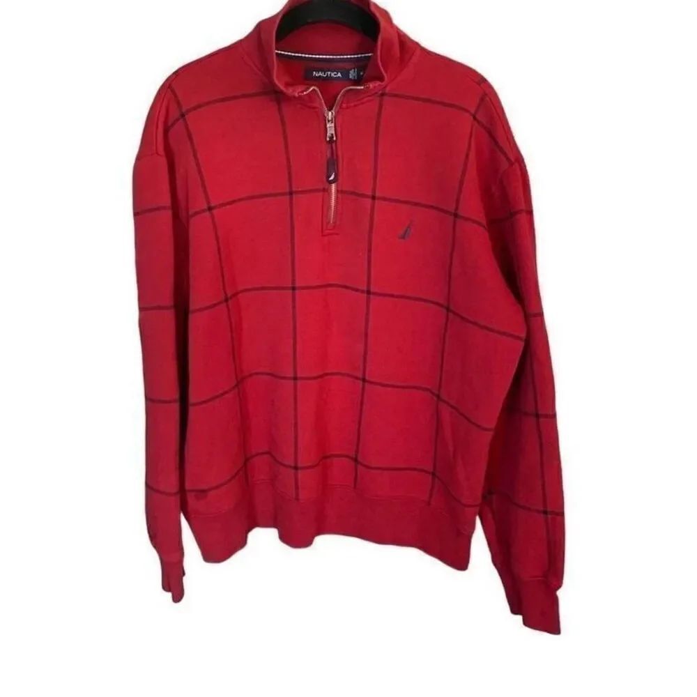 Nautica vintage men’s 1/4 zip pull over window pane, print red sweater S medium